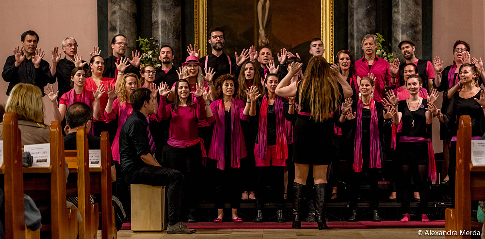 Der in Schwarz und Pink gekleidete Grazer Gospelchor tritt mit erhobenen Händen vor einem Gemälde auf. Vor ihnen steht ein Dirigent, der die harmonische Darbietung gekonnt leitet.