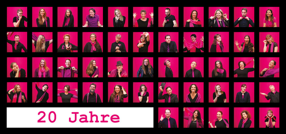 Collage von Menschen vor rosa Hintergrund, die verschiedene Posen einnehmen, alle in Schwarz mit rosa Akzenten gekleidet. Der Text „20 Jahre“ unten feiert die Essenz des Graz Gospel Chors.