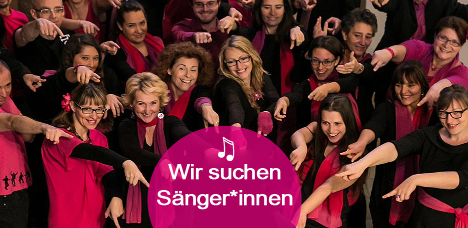 Eine Gruppe von Menschen in Schwarz und Pink, die lächelnd nach vorne zeigen, lädt Sie ein, dem Graz Gospel Chor beizutreten. Textüberlagerung in Deutsch sucht lebhafte Sänger, die Teil dieses fröhlichen Ensembles werden möchten.