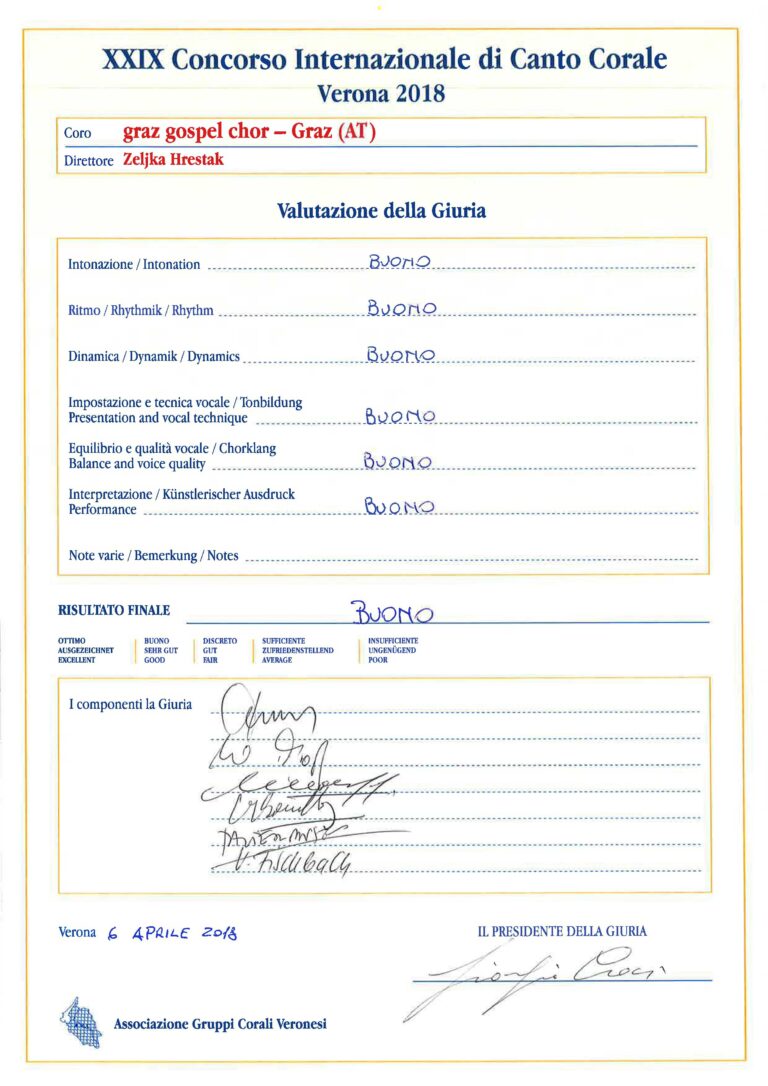 Der Graz Gospel Chor hat beim 29. Internationalen Chorgesangswettbewerb in Verona 2018 stolz ein Zertifikat gewonnen und sein Talent in verschiedenen musikalischen Aspekten mit der Bewertung „Buono“ (Gut) unter Beweis gestellt.